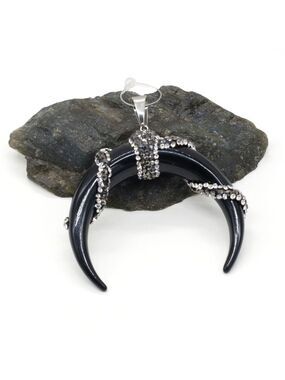BLACK Natural Stone rhinestone Pendant Ox Bone Crescent Handmade necklace